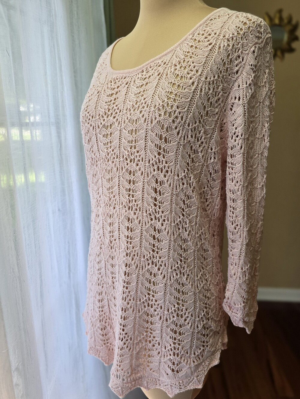 Vintage Jeanne Pierre M Pink Cotton Open Knit Pointelle Sweater Scalloped Tunic